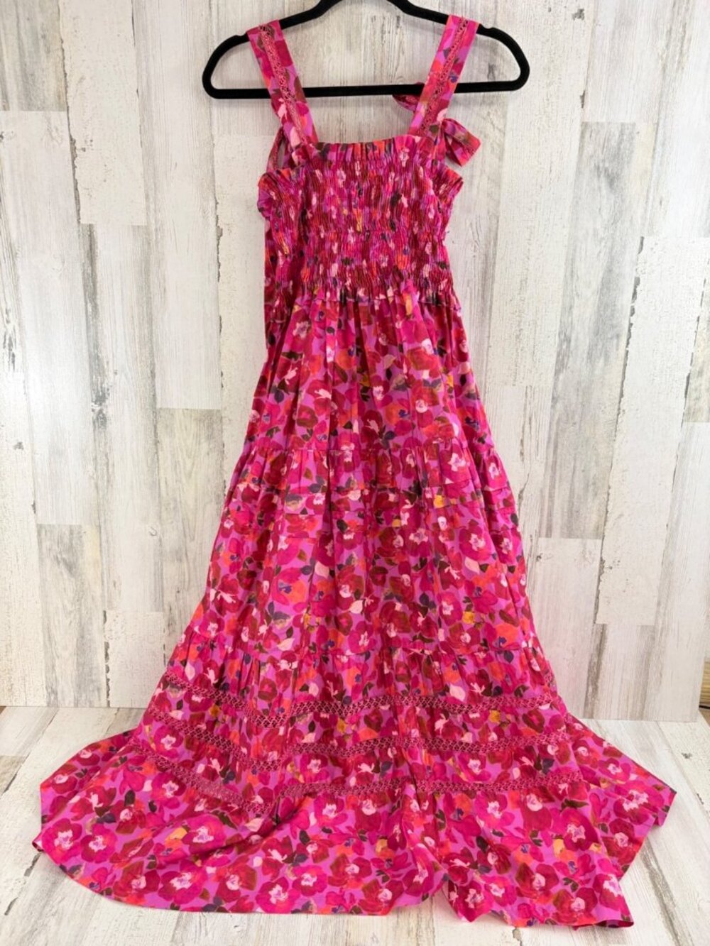 Mi Golondrina Sz L Smocked Midi Dress Pink Floral Mexico